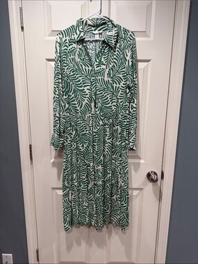Women’s Green Leaf-Print Button-Front Midi Dress